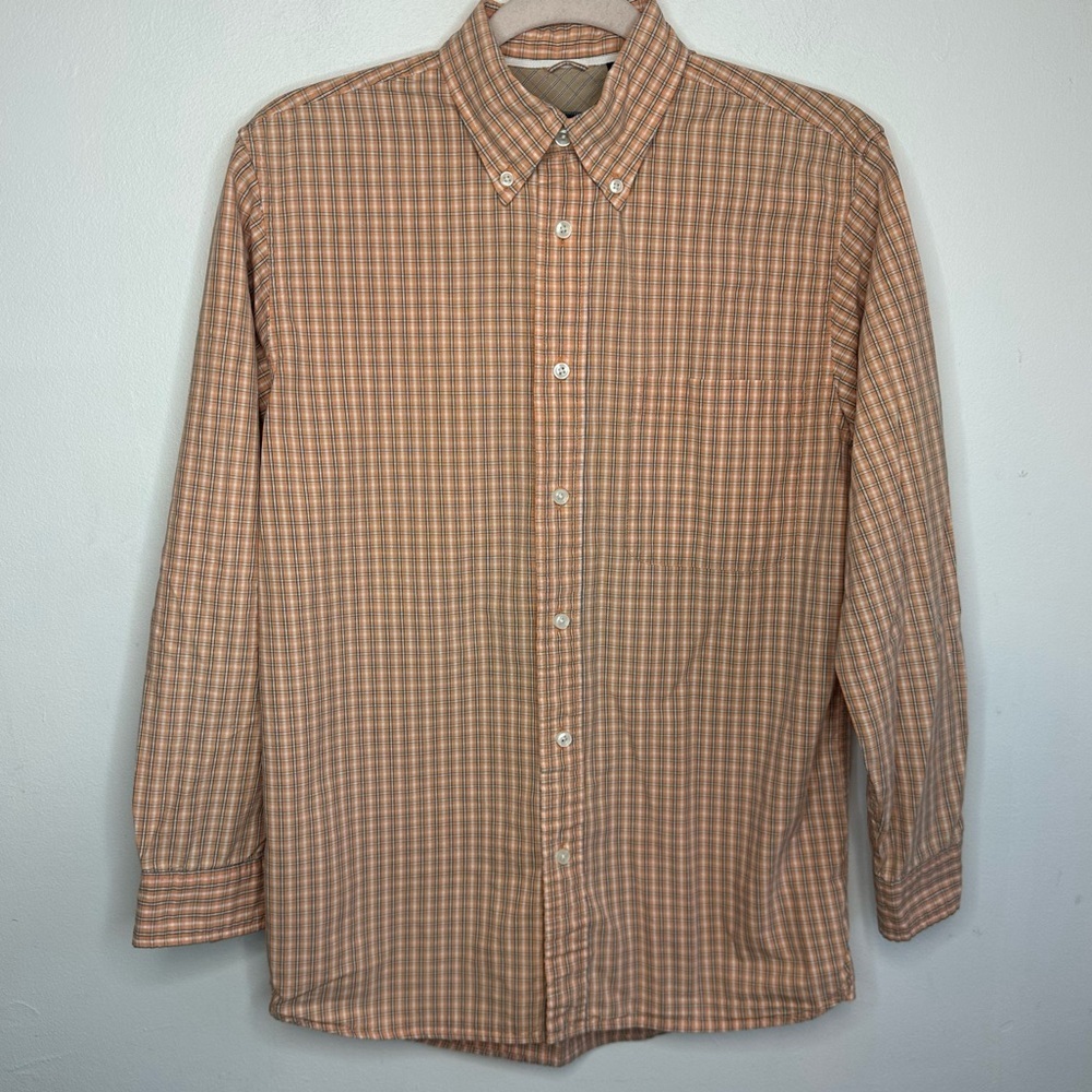 Izod Men’s Orange Gray Blue Check Long Sleeve Dress Shirt S Small 100% Cotton